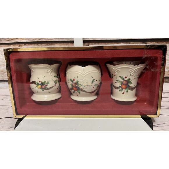 Lenox Holiday Tartan 3 Votive Candle Holders Different Vase Shapes New Open Box - Picture 8 of 10